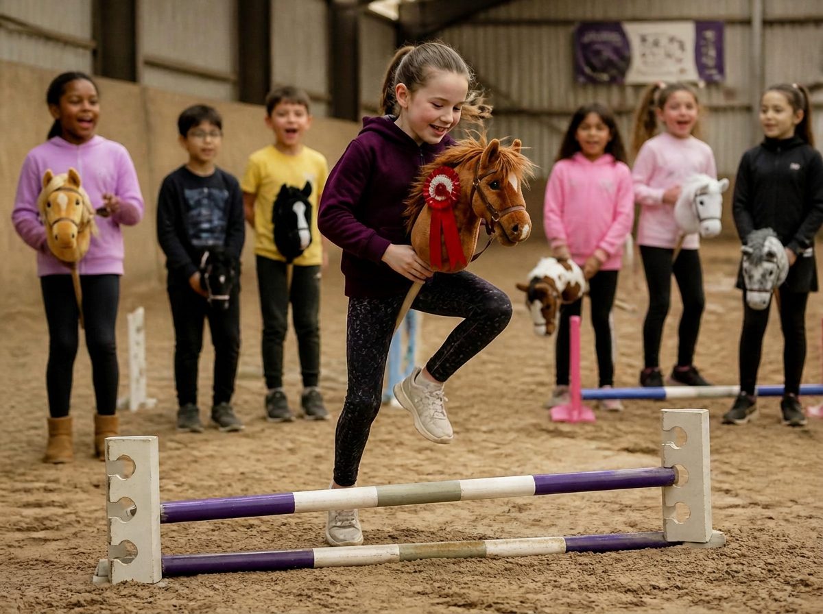 Young UK riders with decorated hobby horses at a countryside event